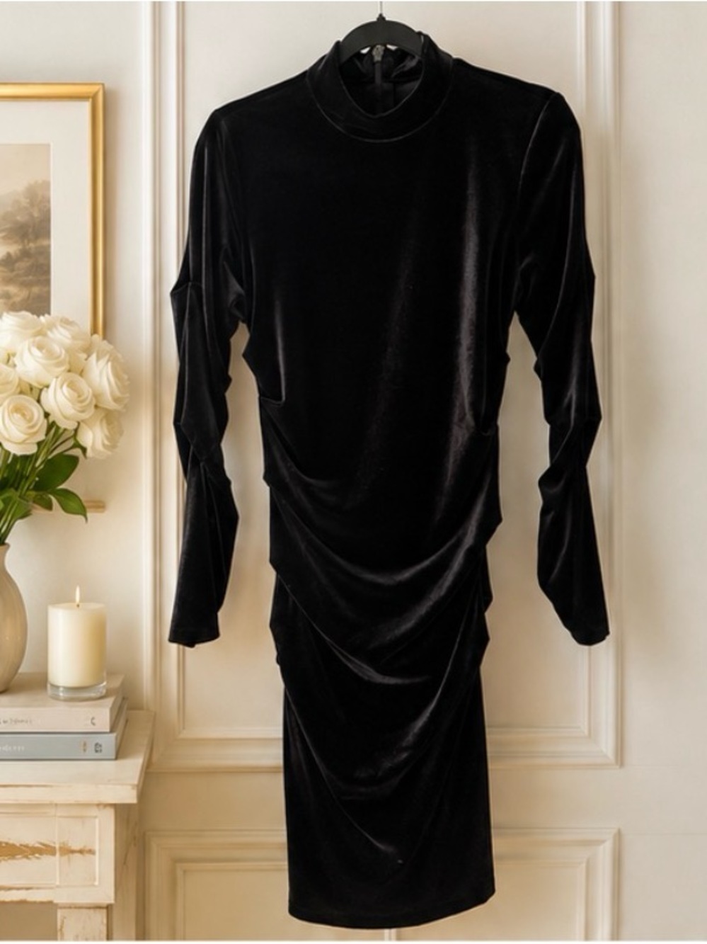 Black Velvet Long-Sleeve Ruched Dress